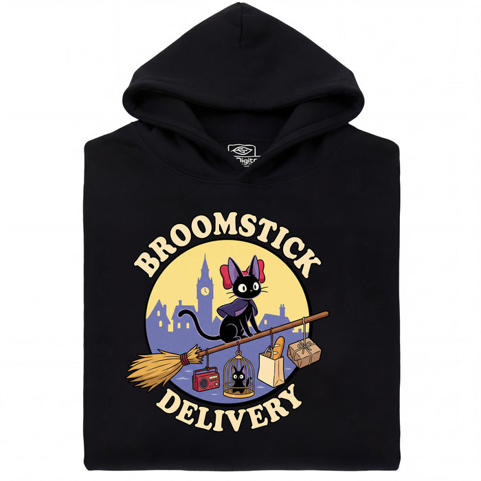 Broomstick Delivery - De Kat Neemt de Bezorgservice Over - Vooraanzicht Hoodie Zwart