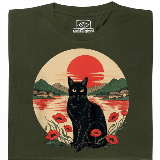 Sunset Cat  - Main View T-Shirt Dark Green