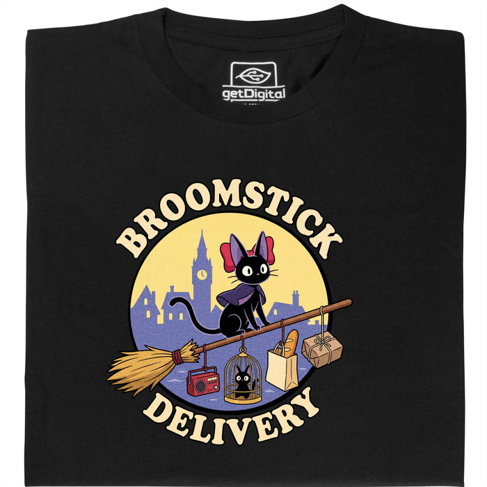 Broomstick Delivery - De Kat Neemt de Bezorgservice Over - Vooraanzicht T-Shirt Zwart