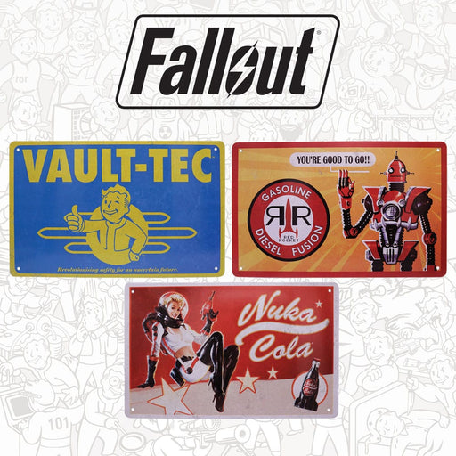 Fallout lot de 3 plaques en métal (Vault-Tec, Red Rocket, Nuka Cola)