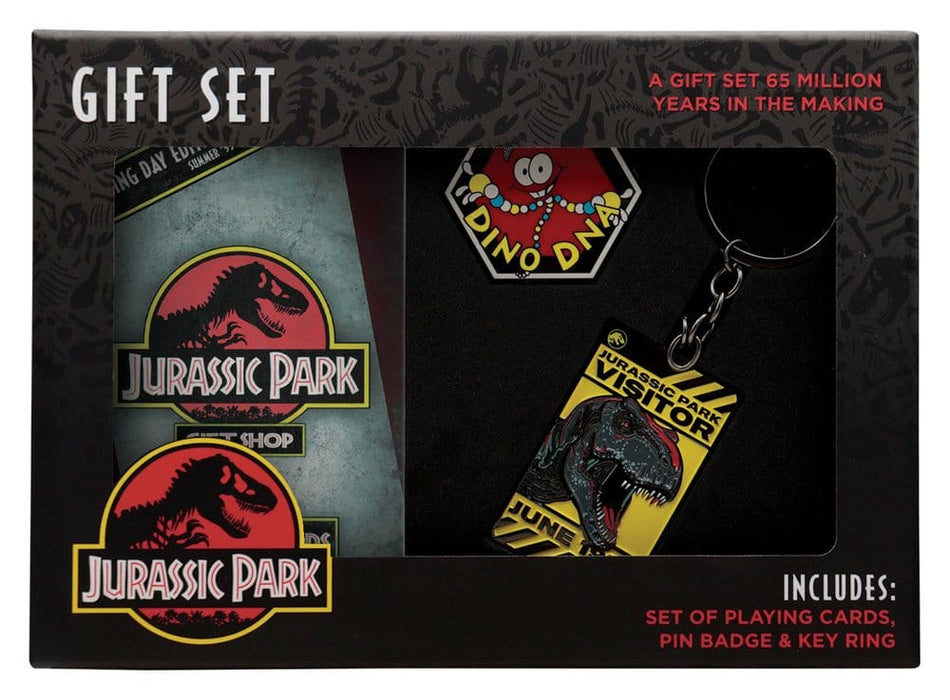 Jurassic Park cadeaubox met speelkaarten, pin en sleutelhanger