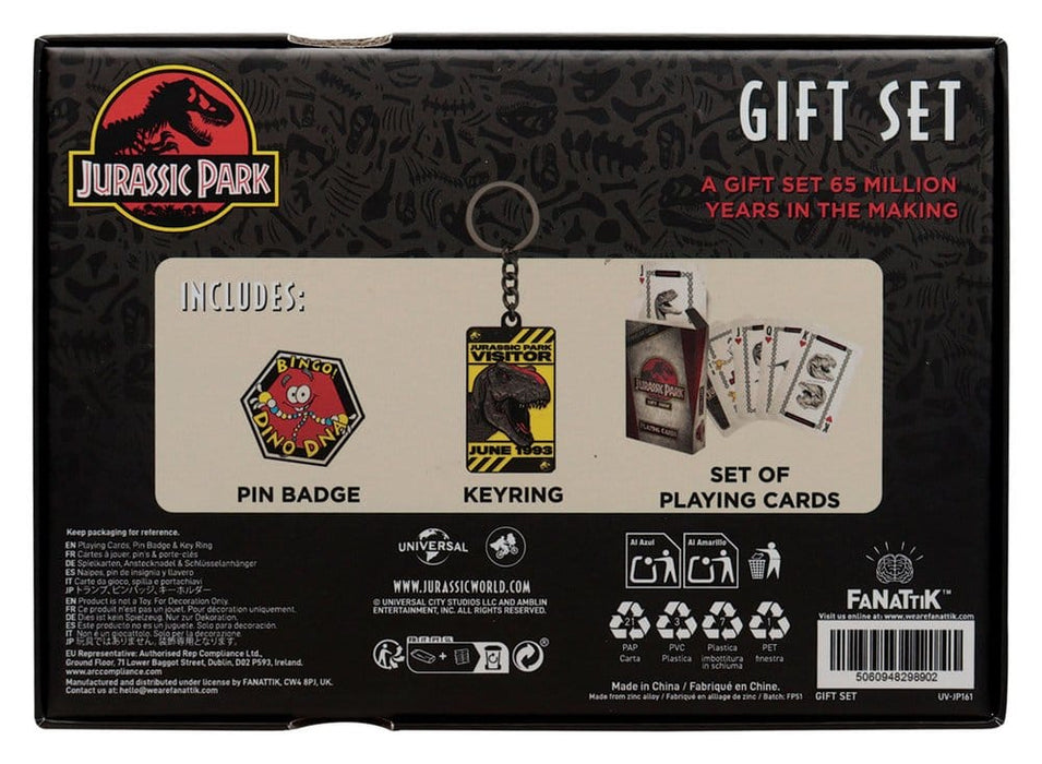 Jurassic Park cadeaubox met speelkaarten, pin en sleutelhanger