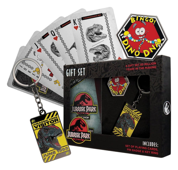 Jurassic Park cadeaubox met speelkaarten, pin en sleutelhanger